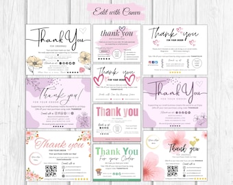 May include: Nine different thank you card designs for small businesses. Each card features a pink and white floral design with the text "Thank You" and a message thanking customers for their order. Some cards include a discount code, social media icons, and a place for a logo.
