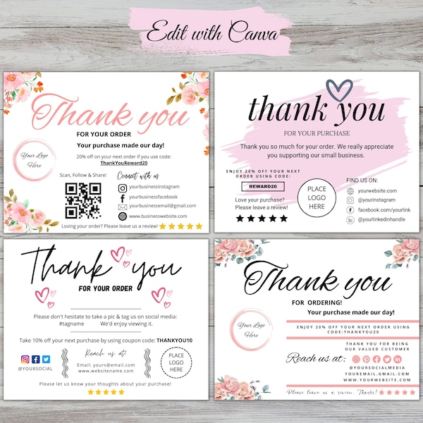 4 Thank You Card Bundle, Small Business Thank You Card, Etsy Shop Owner, Editable Package Insert, Printable Customer Cards, Digital Download