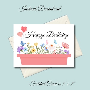Printable Birthday Card with Flowers, Floral Birthday Card, Printable Greeting Card, Balloon Birthday Card, Print at Home, Instant Download