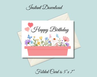 Floral Birthday Card: Printable Balloon Greeting Card (Instant Download)