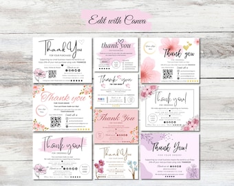 May include: Twelve different pink and white thank you cards with floral designs and a QR code. The cards say "Thank You" and "Thank you!" with the text "For your order" or "For ordering".