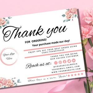 Business Thank You Card Editable Floral, Printable Thanks For Your Purchase Card, Small Business Package Insert Card, Customizable Canva