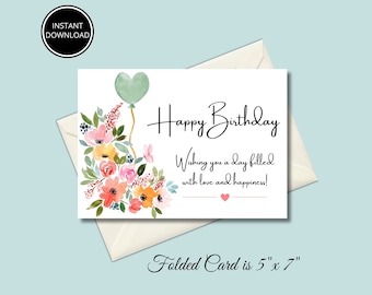 Watercolor Floral Birthday Card: Printable 5x7 Greeting (Instant Download)