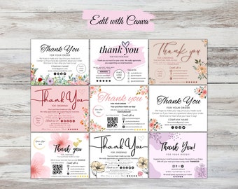 May include: Nine different thank you cards with floral designs and pink, purple, and beige backgrounds. The cards feature text such as "Thank You", "For Your Order", and "Company Name".