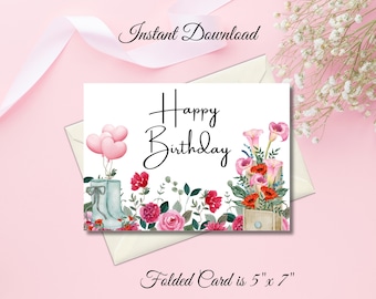 Watercolor Floral Birthday Card: Printable 5x7 Greeting (Instant Download)