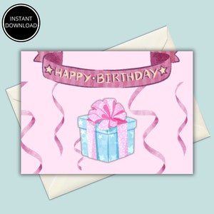 5x7 Printable Birthday Card, Instant Download, Digital Greeting Card, Happy Birthday Card, Gift Box Birthday Card, Print at Home, DIY Card