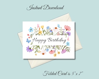 Watercolor Floral Birthday Card: Printable 5x7 (Digital Download)