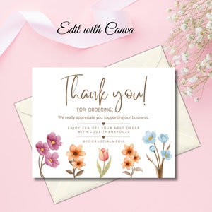 Editable Business Thank You Card, Printable Floral Thanks For Your Purchase Card, DIY Small Business Package Insert Card, Customizable Canva