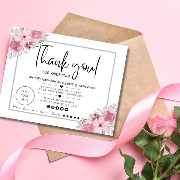 Editable in CANVA Floral Business Thank You Insert card Template Modern Pink CANVA Insert Card Packaging Thank You For Your Order Add Logo
