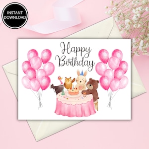 Carte d'anniversaire imprimable avec de jolis animaux et des ballons, carte d'anniversaire à téléchargement immédiat, carte de voeux numérique, impression à la maison, carte DIY, rose