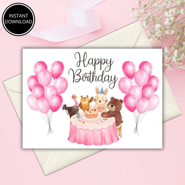 Printable Birthday Card with Cute Animals and Balloons, Instant Download Birthday Card, Digital Greeting Card, Print at Home, DIY Card, Pink