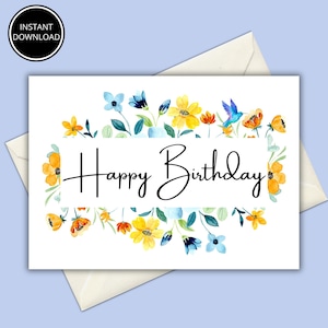 Carte d'anniversaire imprimable avec fleurs, carte d'anniversaire florale, téléchargement immédiat, carte de voeux imprimable, impression à la maison, carte d'anniversaire numérique