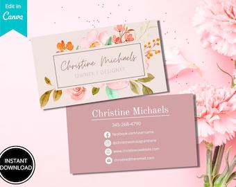 Floral Business Card Template, Editable Canva Design (Instant Download)