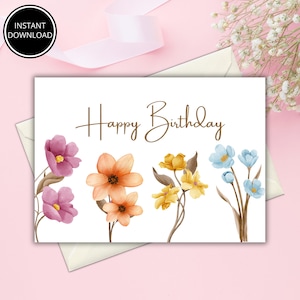 Printable Birthday Card, Floral Happy Birthday Card, Flowers, Watercolor, Greeting Card, Girl, for Friend, Her, Printable, Digital, Download