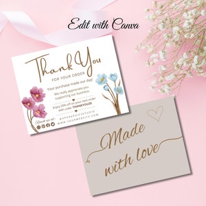 Editable Small Business Thank You Card Template, Printable Thanks For Your Purchase Card, Small Business Package Insert, Canva Card Template