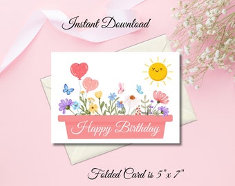 Floral Happy Birthday Card: Printable Greeting Card (PDF Download)