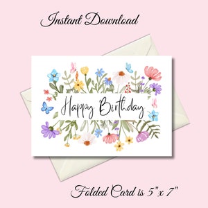 Printable Birthday Card for Her - Happy Birthday Card, Watercolor Floral, Instant Download, 5x7 Greeting Card, Mother, Sister, Wife, Grandma
