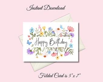 Watercolor Floral Birthday Card: Printable 5x7 Greeting (Instant Download)