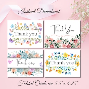 4 Printable Thank You Cards, Floral Thank You Card, Printable Thank You, Print at Home Thanks Card, Thank You Card For Her, Digital Download