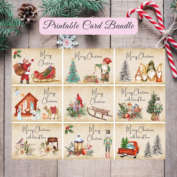 Christmas Card Bundle | Instant Download | Printable | Vintage | Digital Christmas Cards | Holiday Cards | 5 x 7 Cards | Kid Cards | 9 Pack