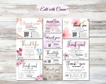 May include: A set of ten printable thank you cards with floral designs and pink watercolor backgrounds. The cards feature the text "Thank you" and include space for a logo, website address, and social media links.