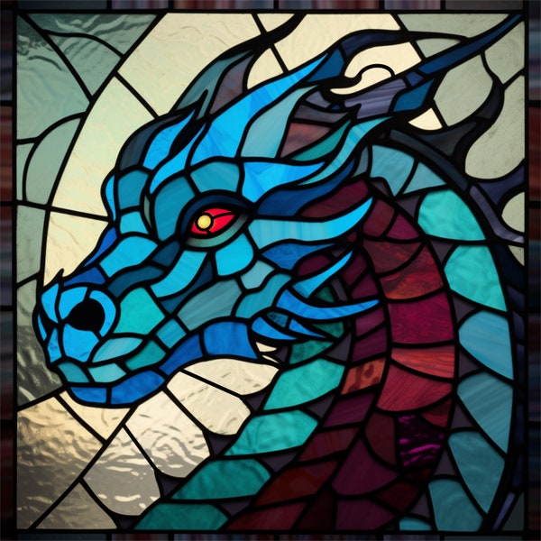 Dragon Stained Glass PDF And PNG Template, Intermediate Stain Glass Project, Stained Glass Pattern, Mythical Creature Stained Glass Template