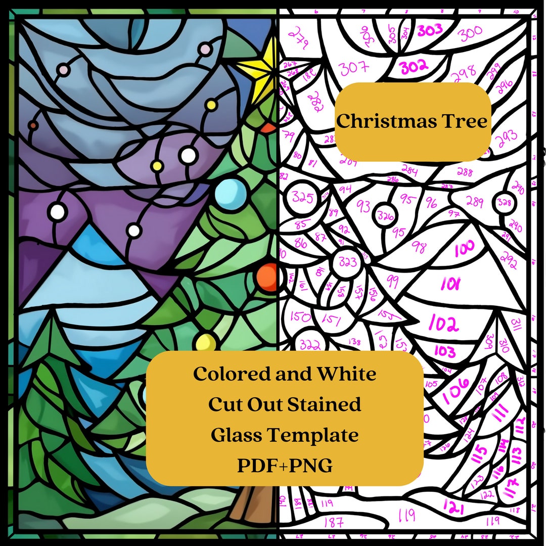 Christmas Tree Stained Glass PDF and PNG Template, Christmas Stained