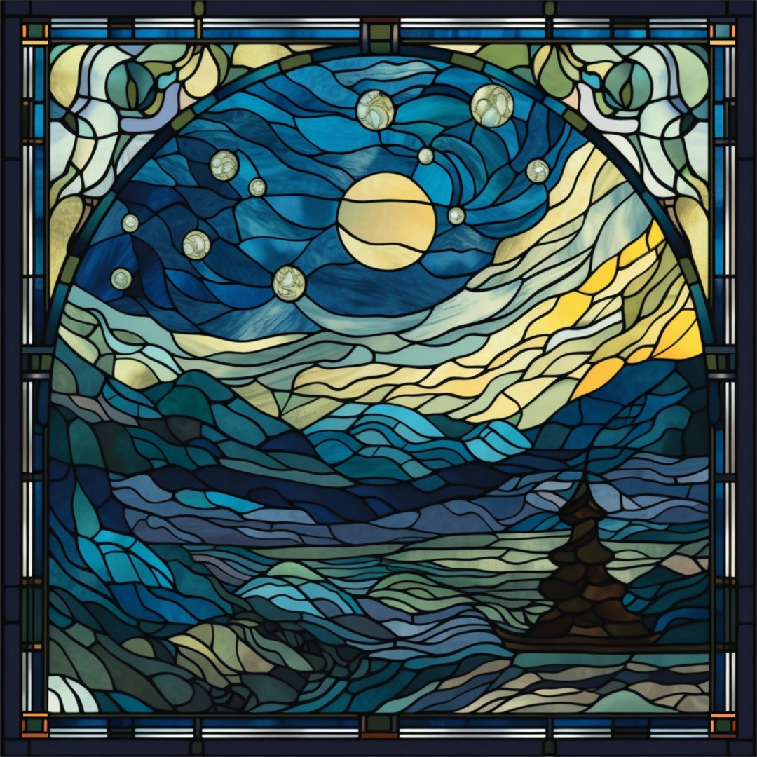 Night Sky Stained Glass PDF and PNG Template, Intermediate Stain Glass Project, Stained Glass