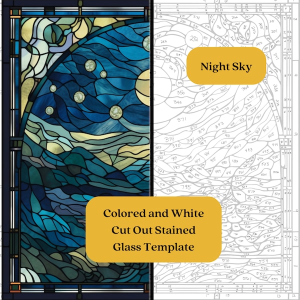 Night Sky Stained Glass PDF And PNG Template, Intermediate Stain Glass Project, Stained Glass Pattern, Numbered Stained Glass Template