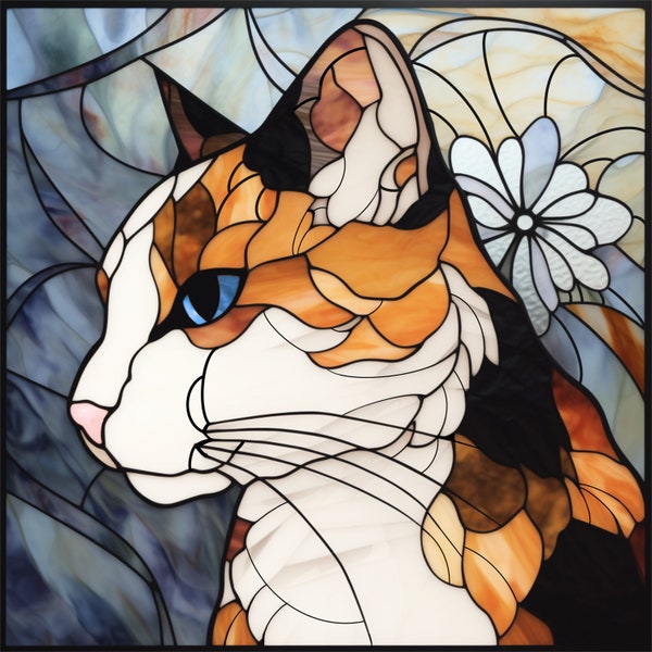 Calico Cat Stained Glass PDF And PNG Template, Intermediate Stain Glass Project, Stained Glass Pattern, Perfect for Cat Lovers Gifts