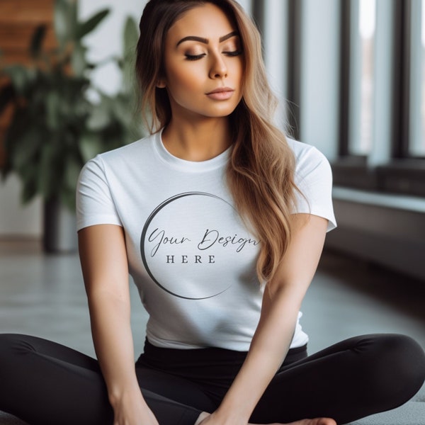 Bella & Canvas 3001 TShirt Mockup Blond Meditating Women White Tee Yoga Pants Beautiful Caucasian Model Active Fit Background JPG