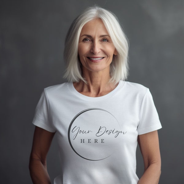 Bella & Canvas 3001 TShirt Mockup Fair Skinned White Women White Tee Grandma Elderly Older Grey Background Product JPG