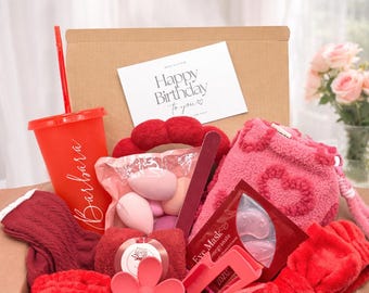 Caja de regalo personalizada roja y rosa, caja de regalo de autocuidado para ella, caja de regalo personalizada, set de regalo de spa, regalo para adolescentes