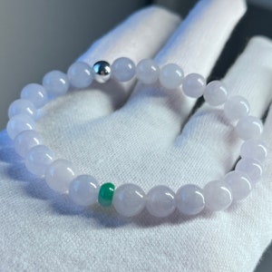 Pulseira unissex de contas de jadeíta Fei Cui Myanmar Burma, translúcida, lilás, verde puro, tipo A, 7&quot; e 8 mm | Contas de jadeíta certificadas