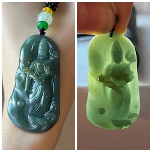 50 mm Natural Type A High Grade Translucent &quot;Oily&quot; Icy Blue Green Teal Guatemala Jadeite Hand Carved Guan Kwan Yin Lotus Pendant | Certified