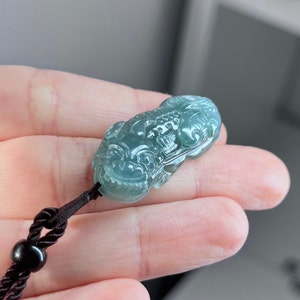 33 mm Natural Old Pit Type A Guatemala Icy Blue Green Jadeite Hand Carved Pixiu Ruyi Unisex Pendant Necklace | Lab Certified Jadeite