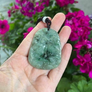 49 mm Natural Type A Green Jadeite Burma Hand Carved Mountain Village Nature Scenery | Unisex Jade Myanmar Pendant | Lab Certified