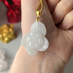 30 mm Natural Icy White Glutinous Jadeite Jade Type A Hand Carved Lotus Flower Pendant | Gold Vermeil Sterling Silver Jadeite Fei Cui Burma