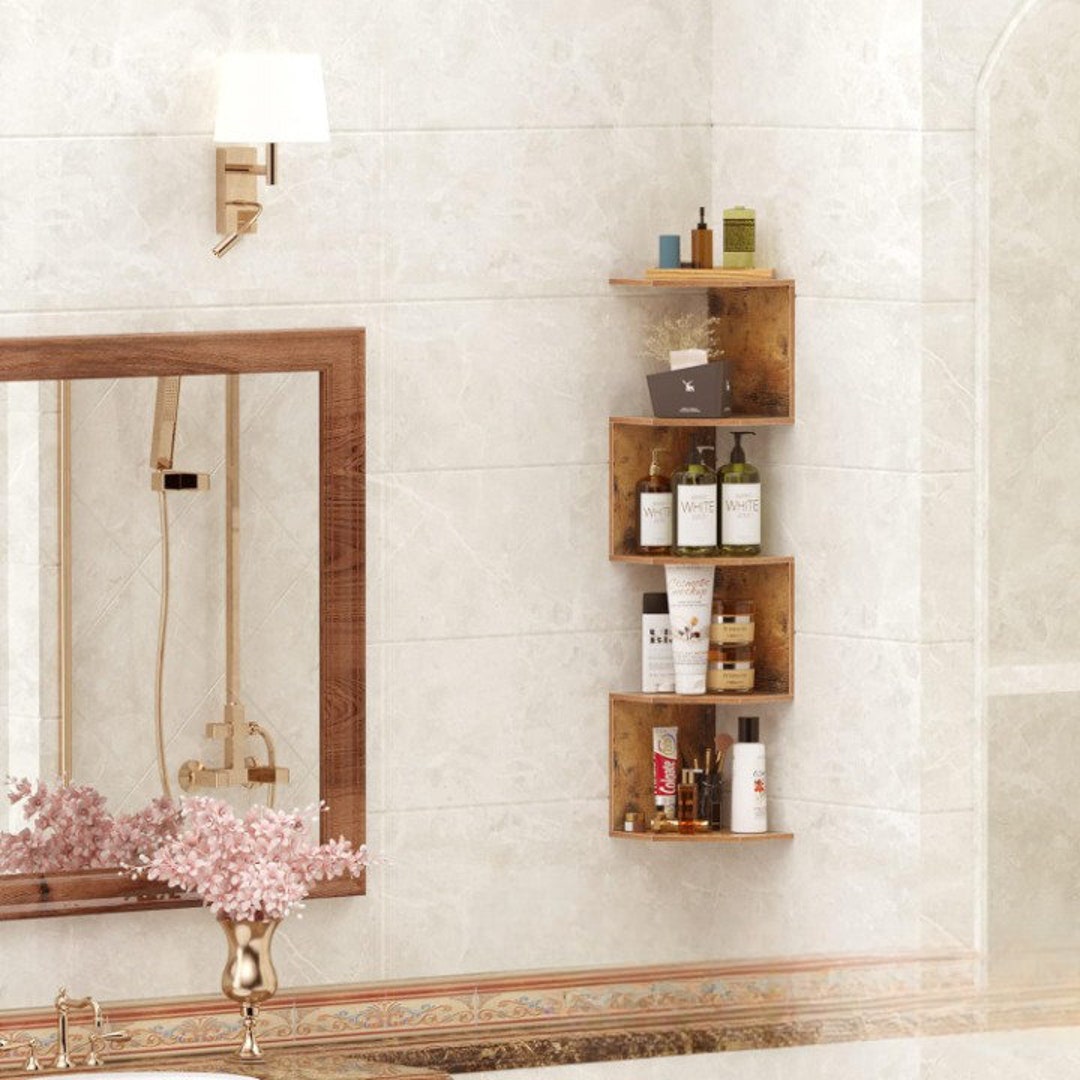 5 Tier Rustic Brown Wood Corner Shelf Floating Shelf Wall Etsy