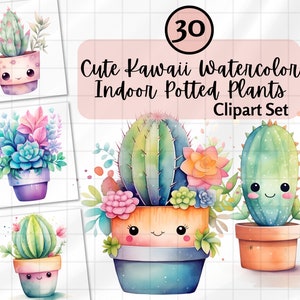 Kawaii Potted Plants Clipart | Kawaii Plant Clip Art | Cute Flowers Png  | Kawaii Plants Stickers PNG | Cute Scrapbook Stickers For Planner