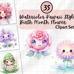 Clipart fleurs mois de naissance, aquarelle kawaii fleurs du mois de naissance, clipart floral, bouquet de fleurs de naissance, PNG mois de naissance, bricolage