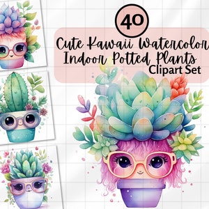 Kawaii potplanten clipart | Kawaiiplant met bril | Schattige bloemen png| Stickers Kawaii planten, png | Leuke plakboekstickers voor planner