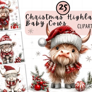 Pacchetto di clipart di mucche da latte delle Highland di Natale, simpatiche mucche da latte delle Highland png, grafica natalizia, clipart festiva, grafica di mucche da latte delle Highland invernali