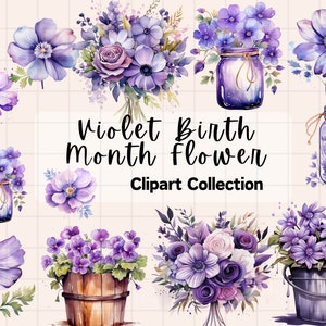 Aquarelle violette fleur du mois de naissance Clipart|Bouquet de fleurs de naissance|Clipart du mois de naissance|Clipart du mois de naissance PNG|Clipart Foral sauvage| Cadeau