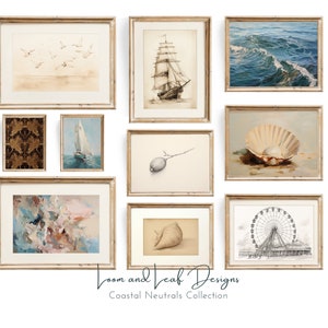 Peut inclure: Une collection d'impressions encadrées sur des thèmes côtiers et nautiques. Les impressions comprennent un coquillage, un voilier, un navire, un paysage marin, une grande roue et un design abstrait aquarelle. Les cadres sont tous en bois clair avec un passe-partout blanc.