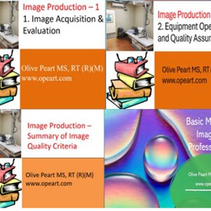May include: A collage of four images related to medical imaging. The top left image shows a medical imaging room with a patient table and equipment. The top right image shows a stack of books with the text "Olive Peart MS, RT (R)(M) www.opeart.com". The bottom left image shows a medical imaging room with a patient table and equipment. The bottom right image shows a colorful abstract background with the text "Basic Math for Imaging Professionals Olive Peart MS, RT (R)(M) www.opeart.com".