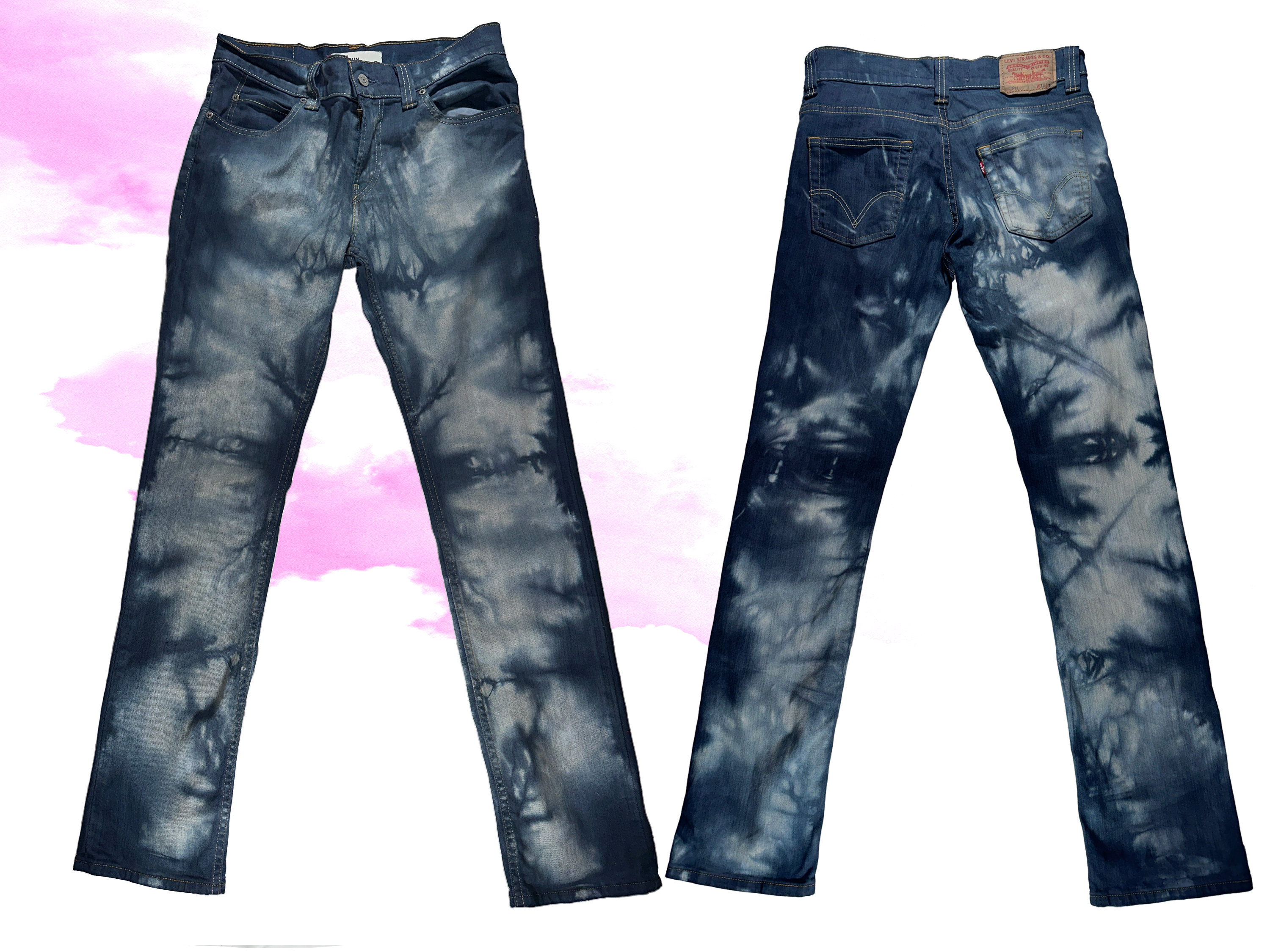 Jeans tinti a mano unici, pantaloni in denim tie-dye unici, denim