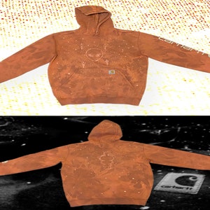 Tie Dyed Carhartt Hoodie, Upcycled Bleach Painted Crop Circle Carhartt Jumper, Orange Hand-Painted Sweater