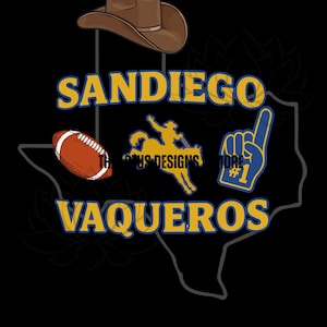 May include: A graphic design featuring a brown cowboy hat, a football, and a foam finger with the text "#1". The words "San Diego Vaqueros" are in gold and blue, set against a black background and a Texas outline.