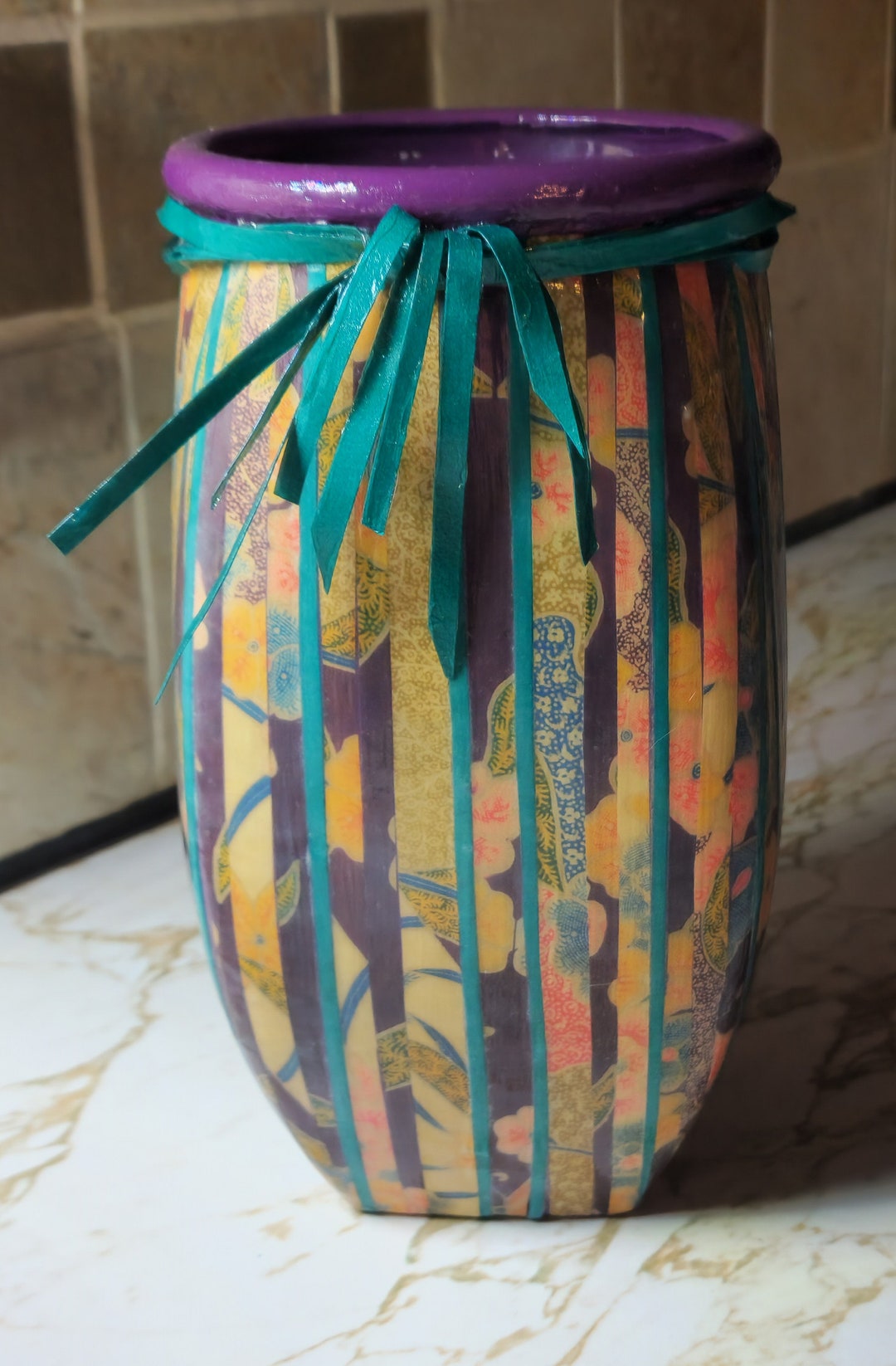 Home Decor Decoupage Glass Vessel Vase Unique Artisan Handmade Etsy